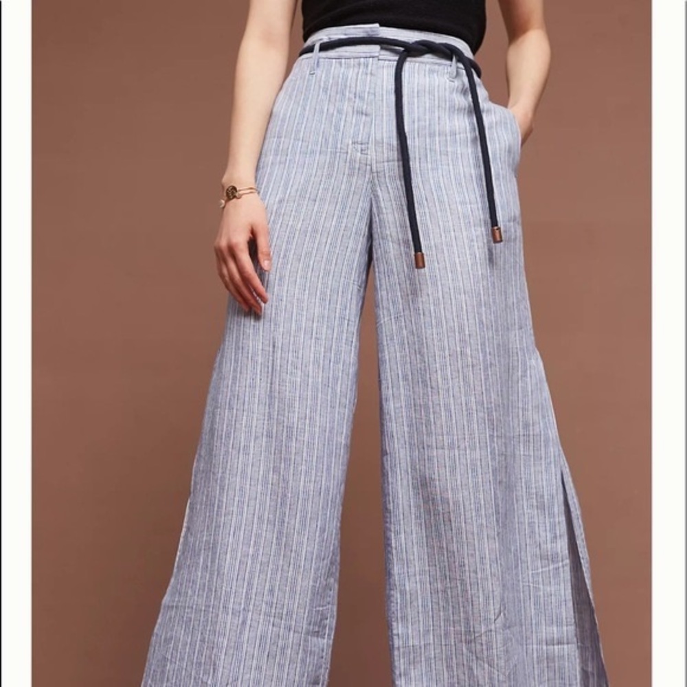 Elevenses Anthropologie Blue Striped Linen Wide Leg Split Pants Size 0